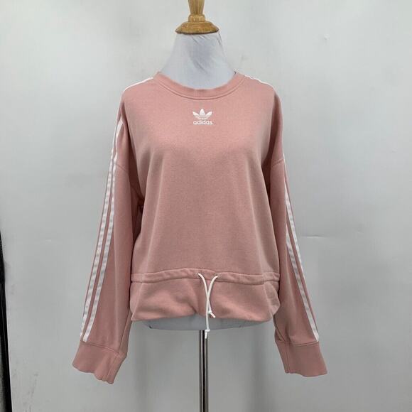 Adidas Sweatshirt Womens L Large Pink Trefoil Logo 3 Stripes Sleeve Waist Pull - Picture 2 of 15